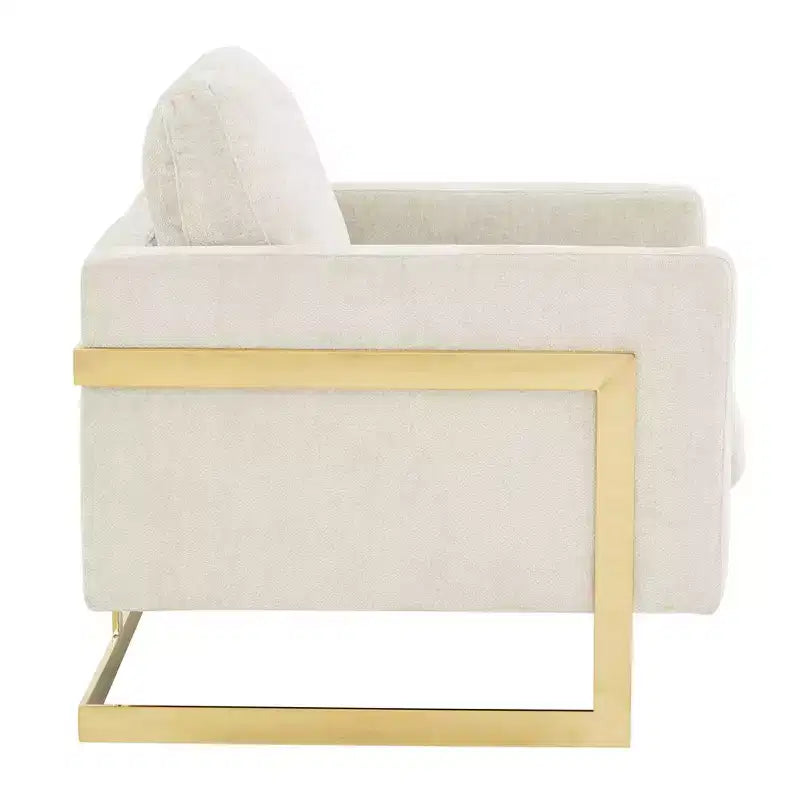 Poltrona con braccioli LeisureMod Lincoln rivestita in Bouclé con struttura in acciaio inossidabile dorato
