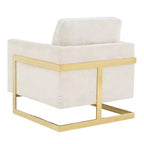 Poltrona con braccioli LeisureMod Lincoln rivestita in Bouclé con struttura in acciaio inossidabile dorato