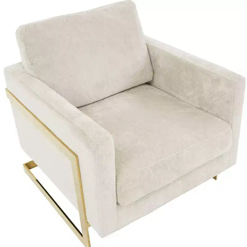 Poltrona con braccioli LeisureMod Lincoln rivestita in Bouclé con struttura in acciaio inossidabile dorato
