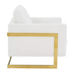 Poltrona con braccioli LeisureMod Lincoln rivestita in Bouclé con struttura in acciaio inossidabile dorato