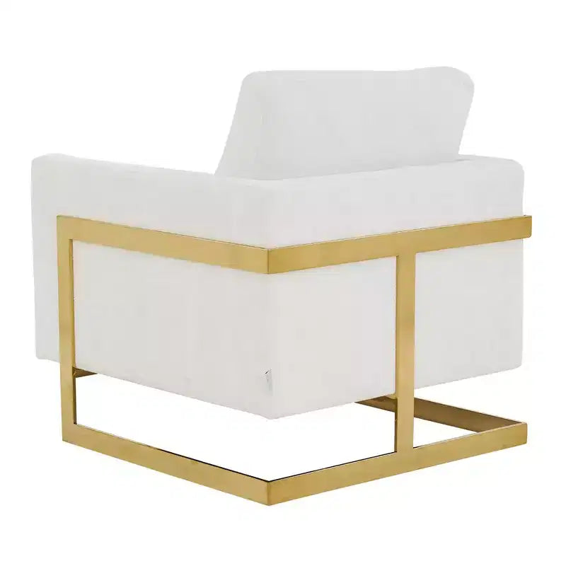 Poltrona con braccioli LeisureMod Lincoln rivestita in Bouclé con struttura in acciaio inossidabile dorato