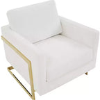 Poltrona con braccioli LeisureMod Lincoln rivestita in Bouclé con struttura in acciaio inossidabile dorato