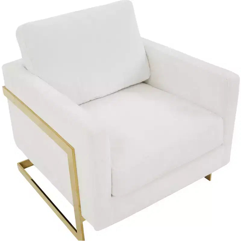 Poltrona con braccioli LeisureMod Lincoln rivestita in Bouclé con struttura in acciaio inossidabile dorato