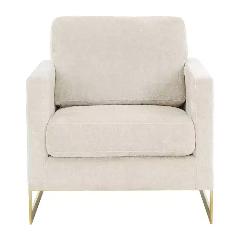 Poltrona con braccioli LeisureMod Lincoln rivestita in Bouclé con struttura in acciaio inossidabile dorato