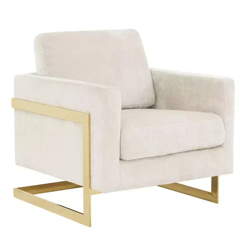 Poltrona con braccioli LeisureMod Lincoln rivestita in Bouclé con struttura in acciaio inossidabile dorato