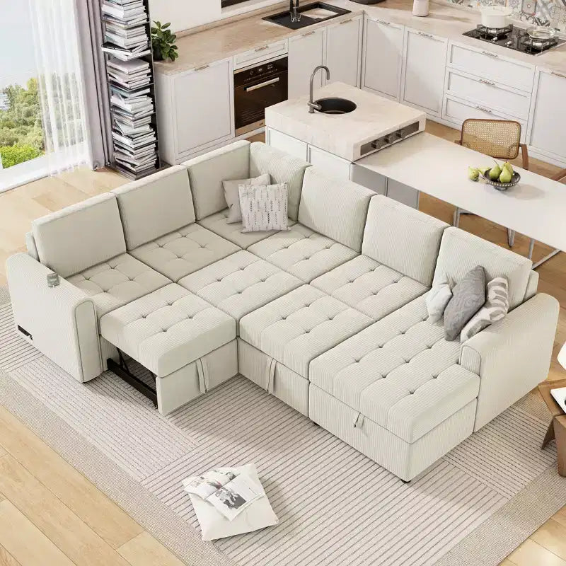 Divano componibile a forma di U da 107,5W, divano letto estraibile con chaise longue contenitore e dispositivi di ricarica 4S -ModernLuxe