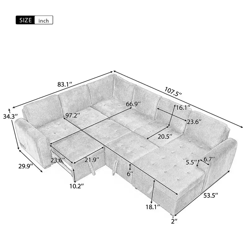 Divano componibile a forma di U da 107,5W, divano letto estraibile con chaise longue contenitore e dispositivi di ricarica 4S -ModernLuxe