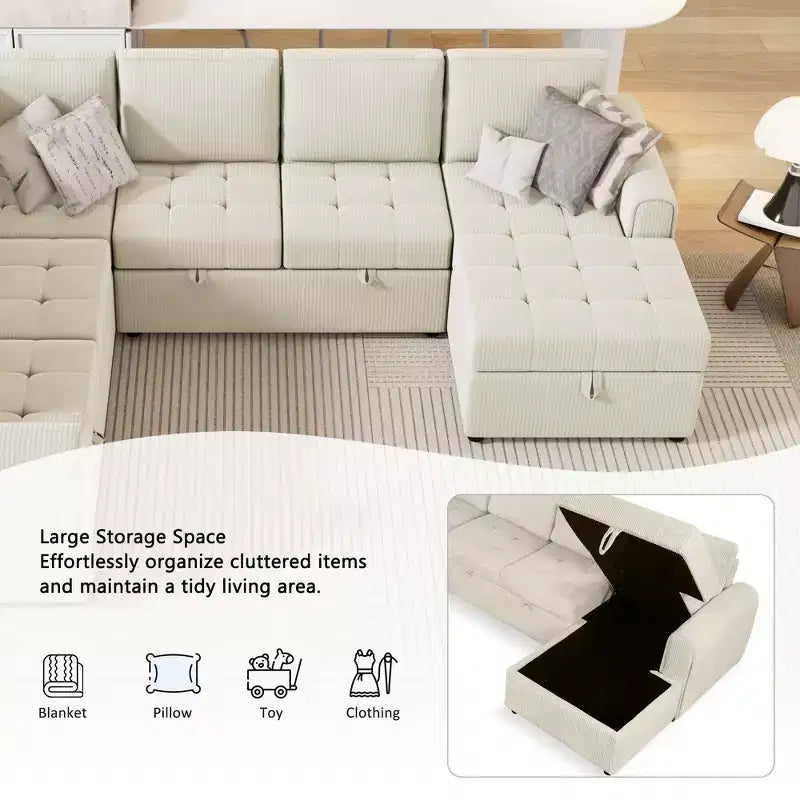 Divano componibile a forma di U da 107,5W, divano letto estraibile con chaise longue contenitore e dispositivi di ricarica 4S -ModernLuxe