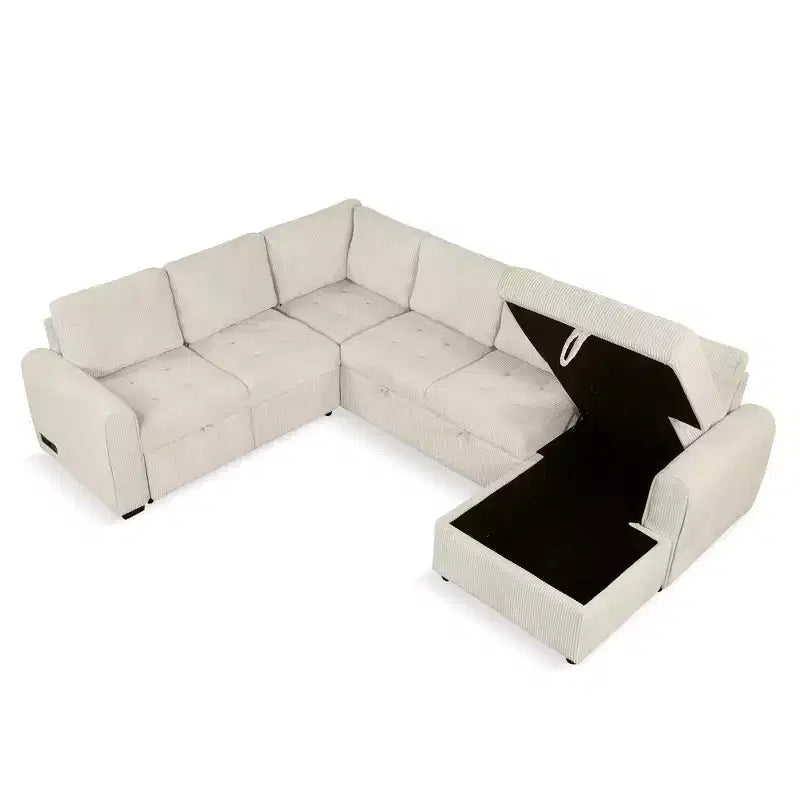 Divano componibile a forma di U da 107,5W, divano letto estraibile con chaise longue contenitore e dispositivi di ricarica 4S -ModernLuxe