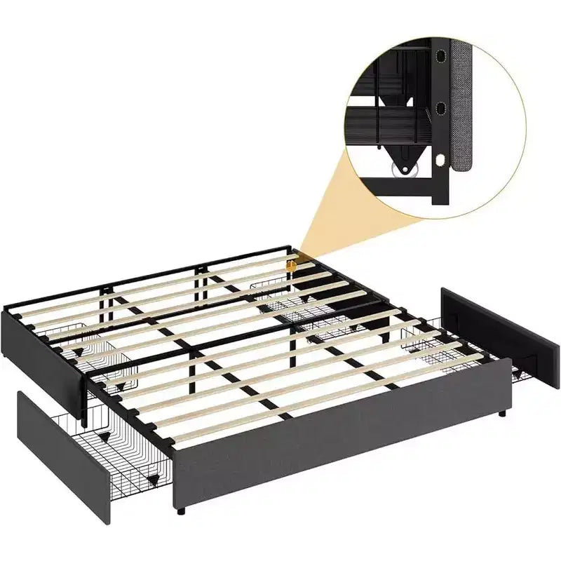 Telaio del letto a piattaforma imbottito con 4 cassetti contenitori, Telaio del letto a piattaforma con solida base in legno per materasso, Nessuna molla a cassetta necessaria