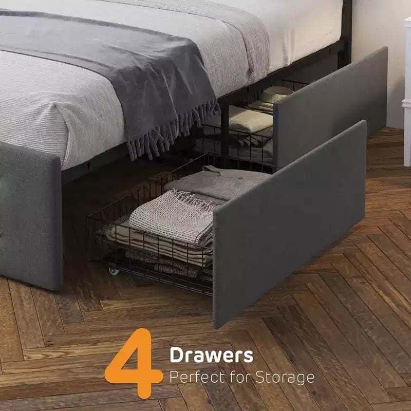 Telaio del letto a piattaforma imbottito con 4 cassetti contenitori, Telaio del letto a piattaforma con solida base in legno per materasso, Nessuna molla a cassetta necessaria