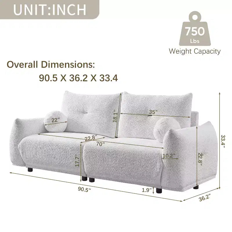 Divanetto ModernLuxe 90" L in Finta Lana di Agnello, Comodo Divano con 2 Cuscini a Sfera 4S