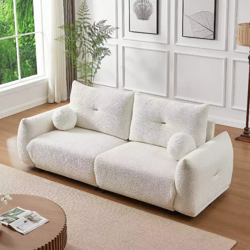 Divanetto ModernLuxe 90" L in Finta Lana di Agnello, Comodo Divano con 2 Cuscini a Sfera 4S