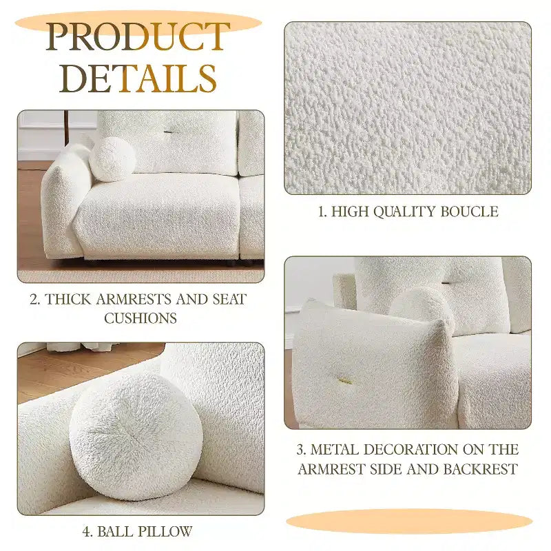 Divanetto ModernLuxe 90" L in Finta Lana di Agnello, Comodo Divano con 2 Cuscini a Sfera 4S