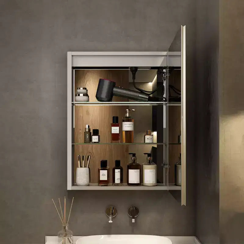 HBEZON Mobiletto a Specchio e LED con Illuminazione, Armadietto da Bagno Incassato/a Parete, 3 Modalità di Illuminazione, Dimmerabile, Anti-Appannamento, Presa Elettrica, Argento