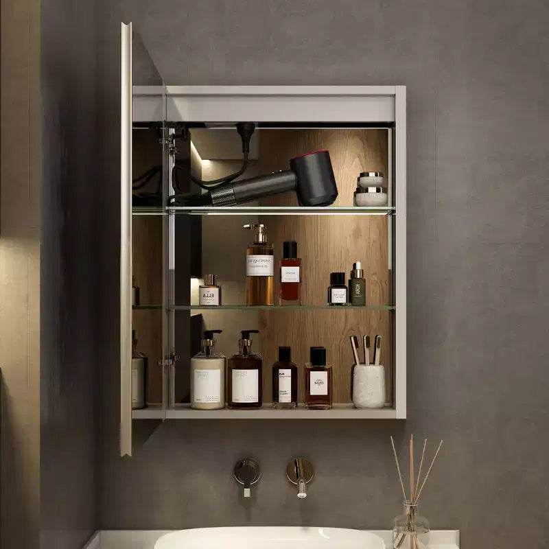 HBEZON Mobiletto a Specchio e LED con Illuminazione, Armadietto da Bagno Incassato/a Parete, 3 Modalità di Illuminazione, Dimmerabile, Anti-Appannamento, Presa Elettrica, Argento