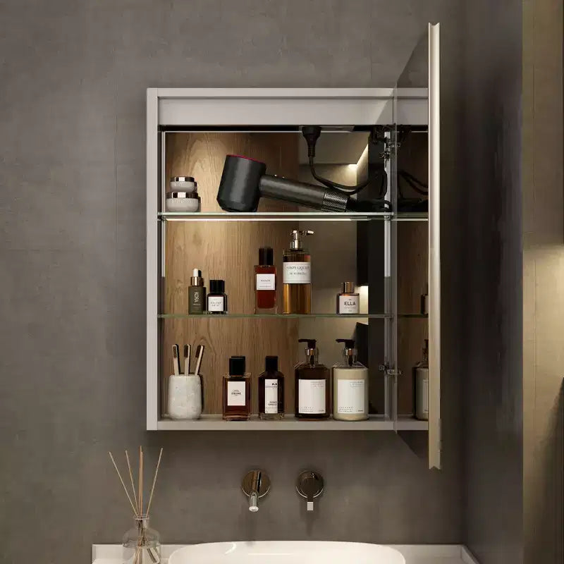 HBEZON Mobiletto a Specchio e LED con Illuminazione, Armadietto da Bagno Incassato/a Parete, 3 Modalità di Illuminazione, Dimmerabile, Anti-Appannamento, Presa Elettrica, Argento