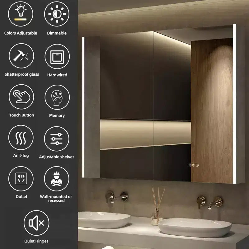 HBEZON Mobiletto a Specchio e LED con Illuminazione, Armadietto da Bagno Incassato/a Parete, 3 Modalità di Illuminazione, Dimmerabile, Anti-Appannamento, Presa Elettrica, Argento