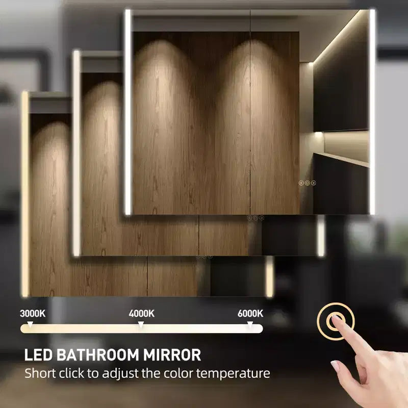 HBEZON Mobiletto a Specchio e LED con Illuminazione, Armadietto da Bagno Incassato/a Parete, 3 Modalità di Illuminazione, Dimmerabile, Anti-Appannamento, Presa Elettrica, Argento
