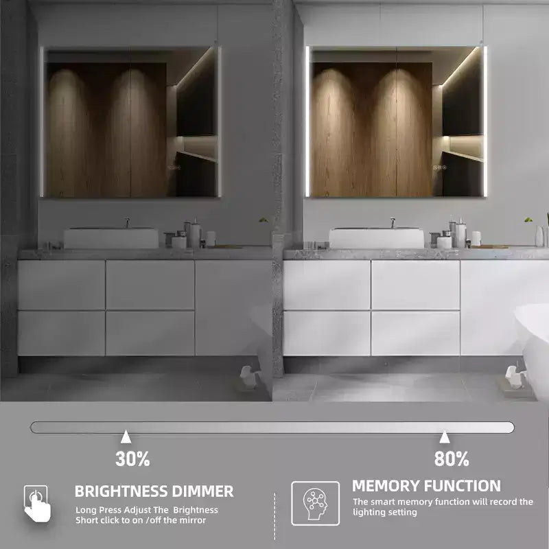 HBEZON Mobiletto a Specchio e LED con Illuminazione, Armadietto da Bagno Incassato/a Parete, 3 Modalità di Illuminazione, Dimmerabile, Anti-Appannamento, Presa Elettrica, Argento