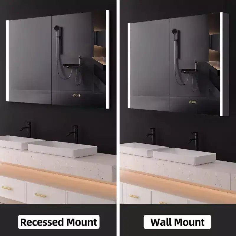 HBEZON Mobiletto a Specchio e LED con Illuminazione, Armadietto da Bagno Incassato/a Parete, 3 Modalità di Illuminazione, Dimmerabile, Anti-Appannamento, Presa Elettrica, Argento