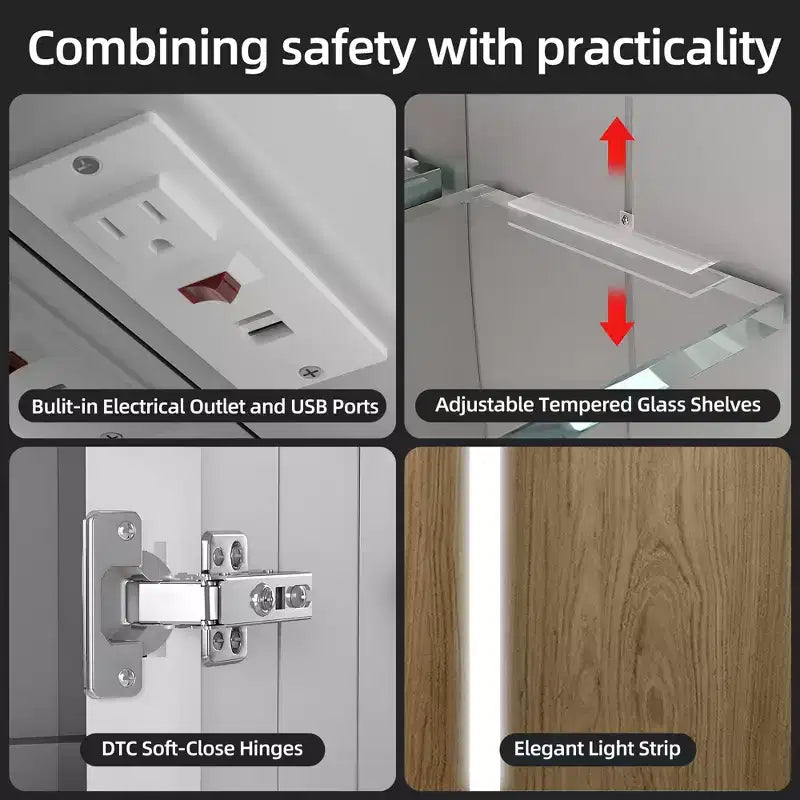 HBEZON Mobiletto a Specchio e LED con Illuminazione, Armadietto da Bagno Incassato/a Parete, 3 Modalità di Illuminazione, Dimmerabile, Anti-Appannamento, Presa Elettrica, Argento