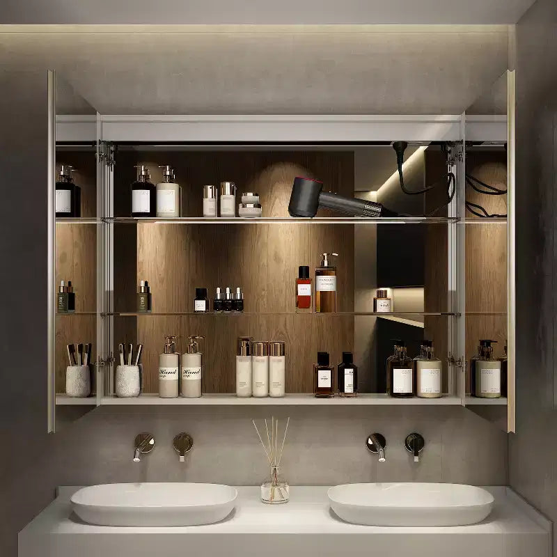 HBEZON Mobiletto a Specchio e LED con Illuminazione, Armadietto da Bagno Incassato/a Parete, 3 Modalità di Illuminazione, Dimmerabile, Anti-Appannamento, Presa Elettrica, Argento