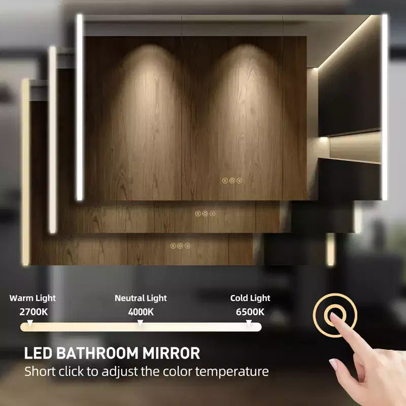 HBEZON Mobiletto a Specchio e LED con Illuminazione, Armadietto da Bagno Incassato/a Parete, 3 Modalità di Illuminazione, Dimmerabile, Anti-Appannamento, Presa Elettrica, Argento