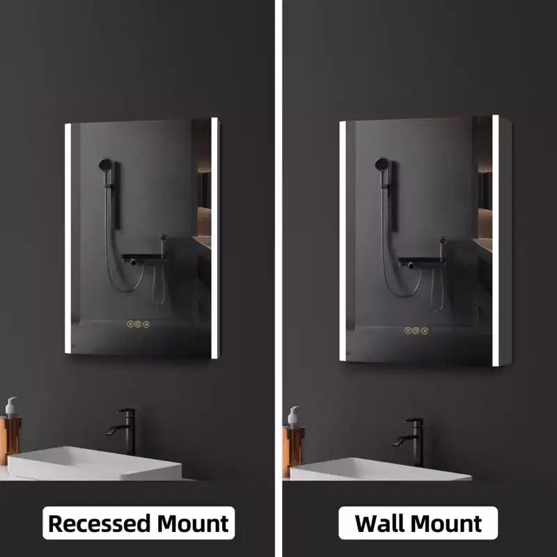 HBEZON Mobiletto a Specchio e LED con Illuminazione, Armadietto da Bagno Incassato/a Parete, 3 Modalità di Illuminazione, Dimmerabile, Anti-Appannamento, Presa Elettrica, Argento