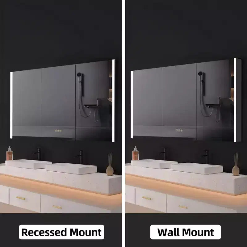 HBEZON Mobiletto a Specchio e LED con Illuminazione, Armadietto da Bagno Incassato/a Parete, 3 Modalità di Illuminazione, Dimmerabile, Anti-Appannamento, Presa Elettrica, Argento