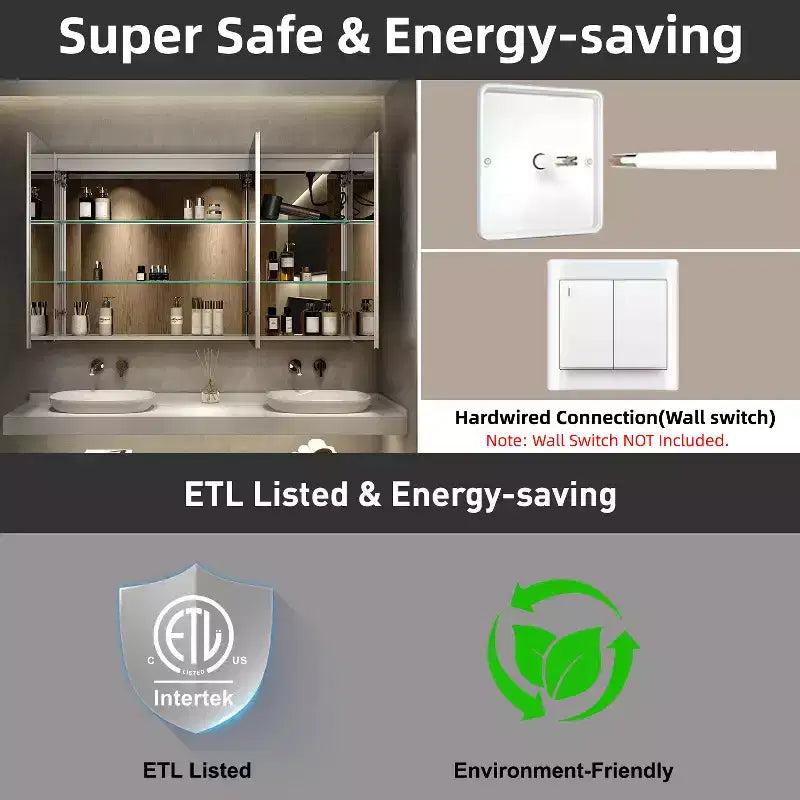 HBEZON Mobiletto a Specchio e LED con Illuminazione, Armadietto da Bagno Incassato/a Parete, 3 Modalità di Illuminazione, Dimmerabile, Anti-Appannamento, Presa Elettrica, Argento