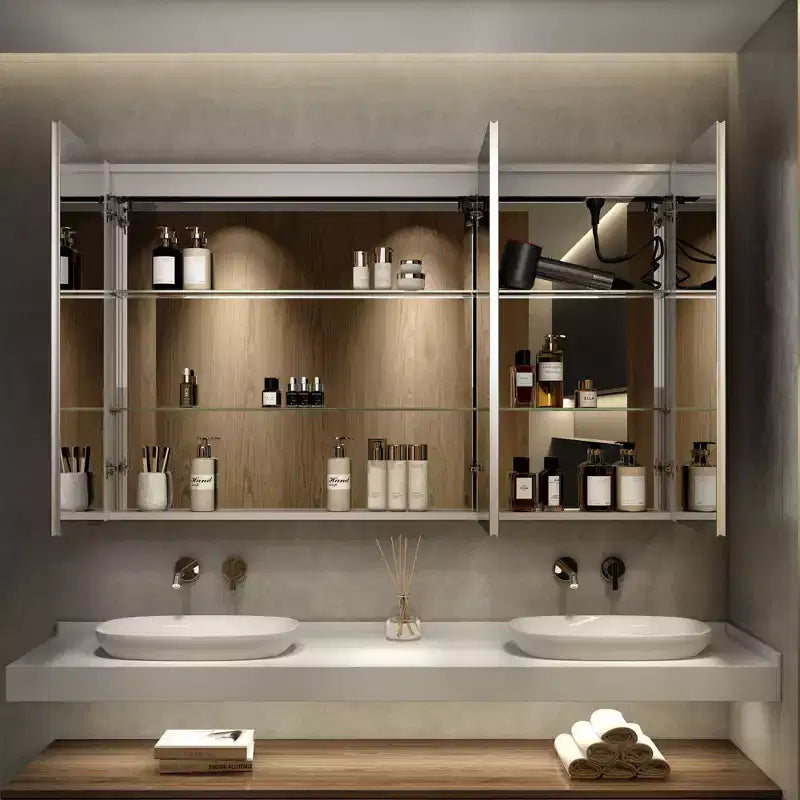 HBEZON Mobiletto a Specchio e LED con Illuminazione, Armadietto da Bagno Incassato/a Parete, 3 Modalità di Illuminazione, Dimmerabile, Anti-Appannamento, Presa Elettrica, Argento