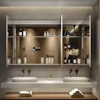 HBEZON Mobiletto a Specchio e LED con Illuminazione, Armadietto da Bagno Incassato/a Parete, 3 Modalità di Illuminazione, Dimmerabile, Anti-Appannamento, Presa Elettrica, Argento