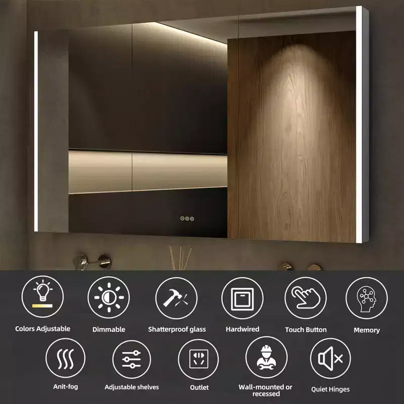 HBEZON Mobiletto a Specchio e LED con Illuminazione, Armadietto da Bagno Incassato/a Parete, 3 Modalità di Illuminazione, Dimmerabile, Anti-Appannamento, Presa Elettrica, Argento