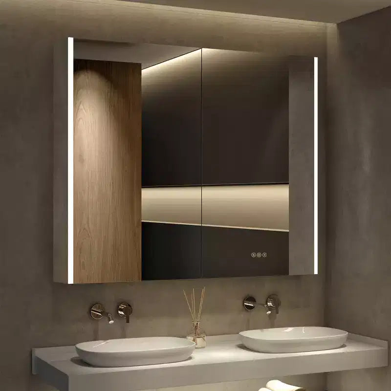 HBEZON Mobiletto a Specchio e LED con Illuminazione, Armadietto da Bagno Incassato/a Parete, 3 Modalità di Illuminazione, Dimmerabile, Anti-Appannamento, Presa Elettrica, Argento