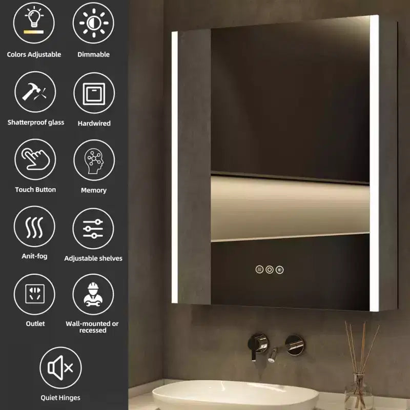 HBEZON Mobiletto a Specchio e LED con Illuminazione, Armadietto da Bagno Incassato/a Parete, 3 Modalità di Illuminazione, Dimmerabile, Anti-Appannamento, Presa Elettrica, Argento