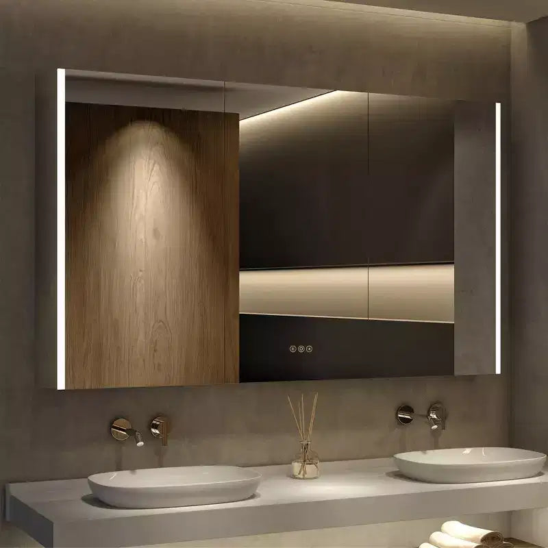 HBEZON Mobiletto a Specchio e LED con Illuminazione, Armadietto da Bagno Incassato/a Parete, 3 Modalità di Illuminazione, Dimmerabile, Anti-Appannamento, Presa Elettrica, Argento