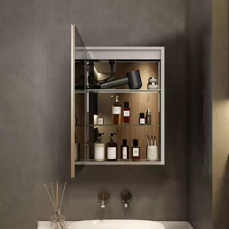 HBEZON Mobiletto a Specchio e LED con Illuminazione, Armadietto da Bagno Incassato/a Parete, 3 Modalità di Illuminazione, Dimmerabile, Anti-Appannamento, Presa Elettrica, Argento
