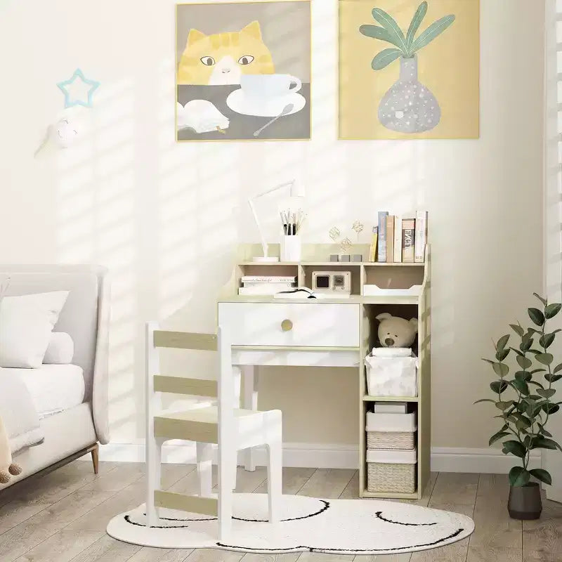 Qaba Scrivania e Sedia per Bambini, Scrivania e Sedia per Studenti con Ripiani Portaoggetti, Cassetto, Scrivania e Sedia da Studio per Bambini dai 3 ai 10 Anni, Bianco