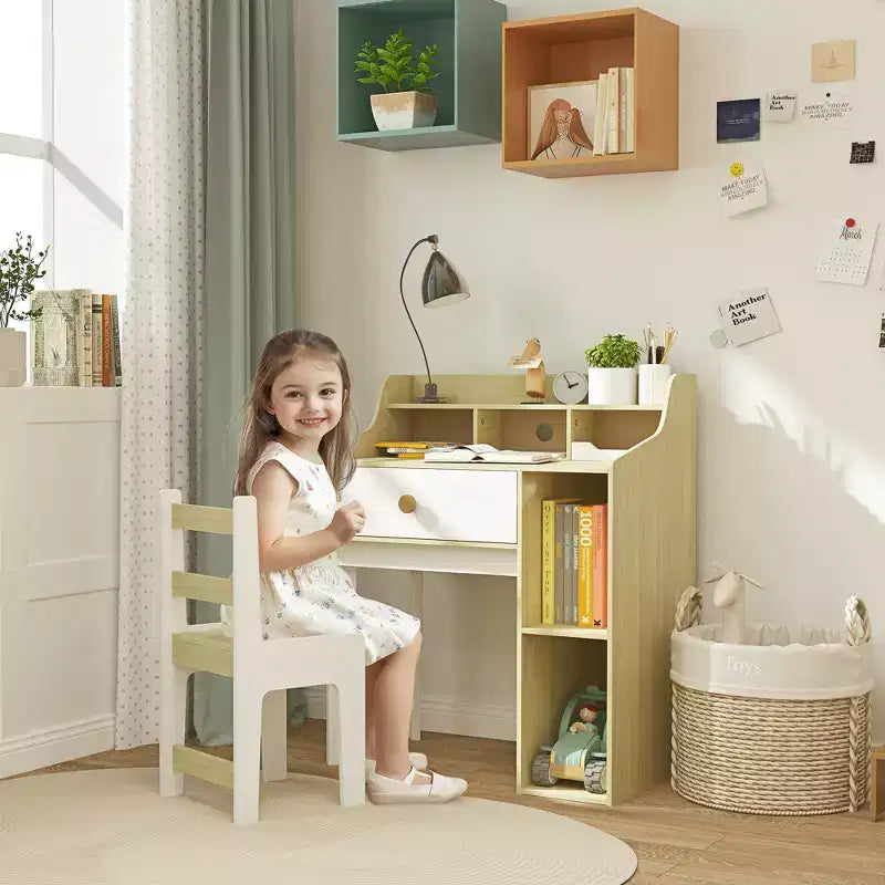 Qaba Scrivania e Sedia per Bambini, Scrivania e Sedia per Studenti con Ripiani Portaoggetti, Cassetto, Scrivania e Sedia da Studio per Bambini dai 3 ai 10 Anni, Bianco