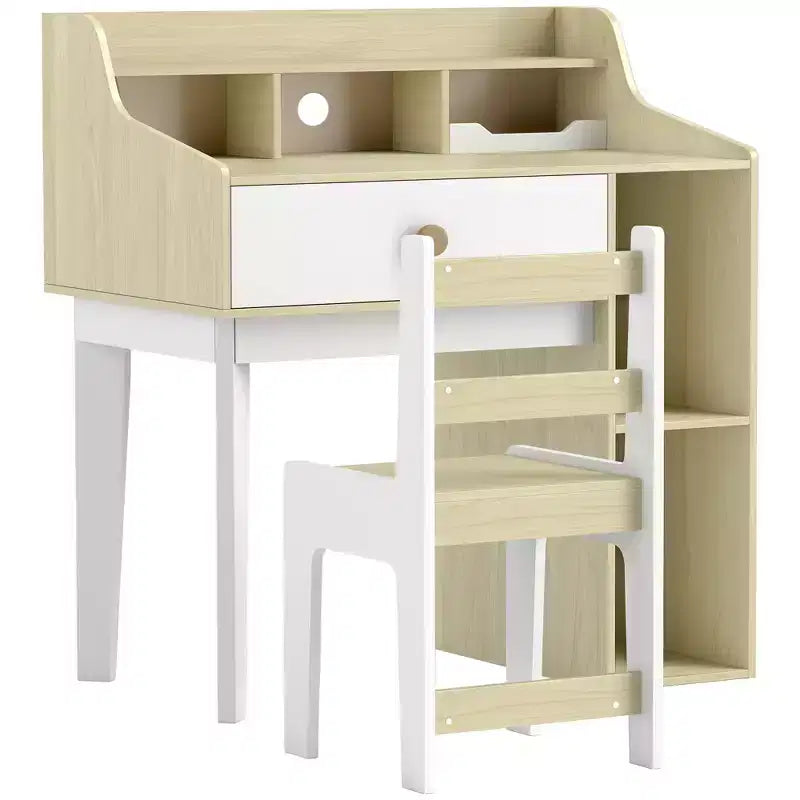 Qaba Scrivania e Sedia per Bambini, Scrivania e Sedia per Studenti con Ripiani Portaoggetti, Cassetto, Scrivania e Sedia da Studio per Bambini dai 3 ai 10 Anni, Bianco