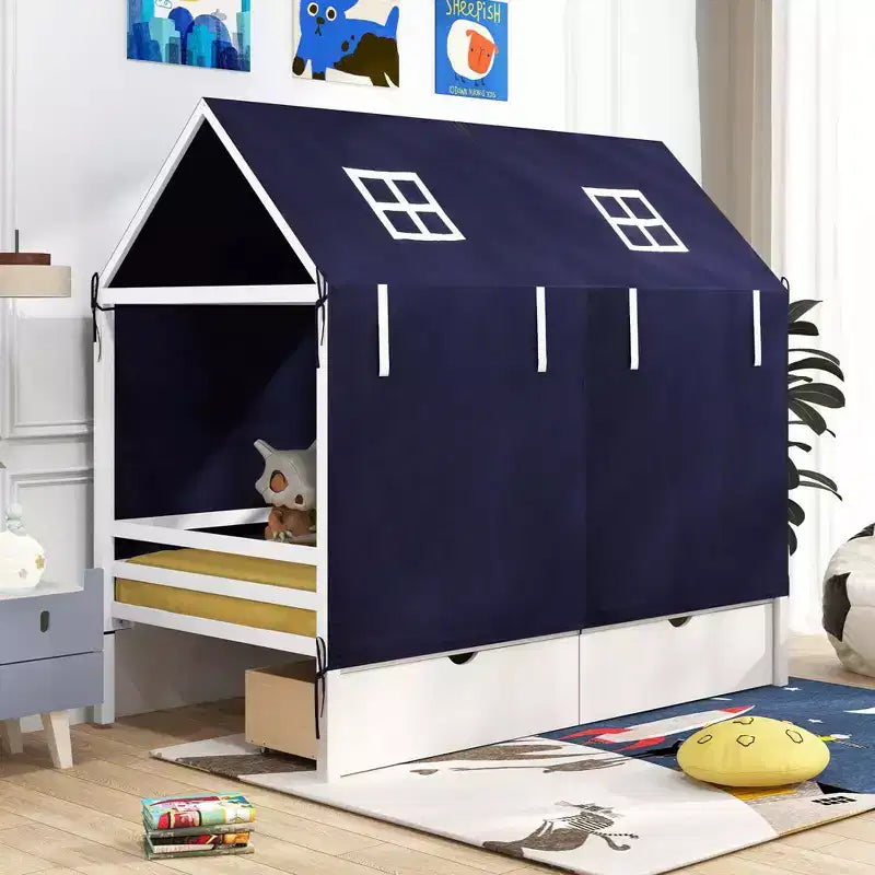 Costway Letto a Casa Singolo in Legno Massello, Letto a Soppalco Basso con Tenda e 2 Cassetti Contenitori