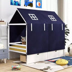 Costway Letto a Casa Singolo in Legno Massello, Letto a Soppalco Basso con Tenda e 2 Cassetti Contenitori