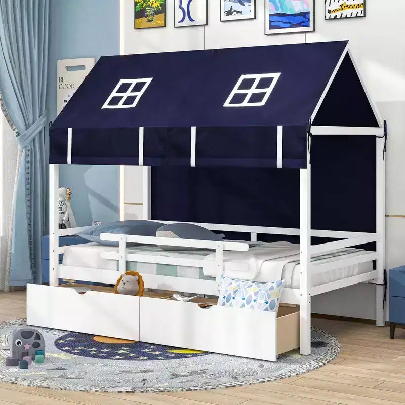 Costway Letto a Casa Singolo in Legno Massello, Letto a Soppalco Basso con Tenda e 2 Cassetti Contenitori
