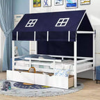 Costway Letto a Casa Singolo in Legno Massello, Letto a Soppalco Basso con Tenda e 2 Cassetti Contenitori
