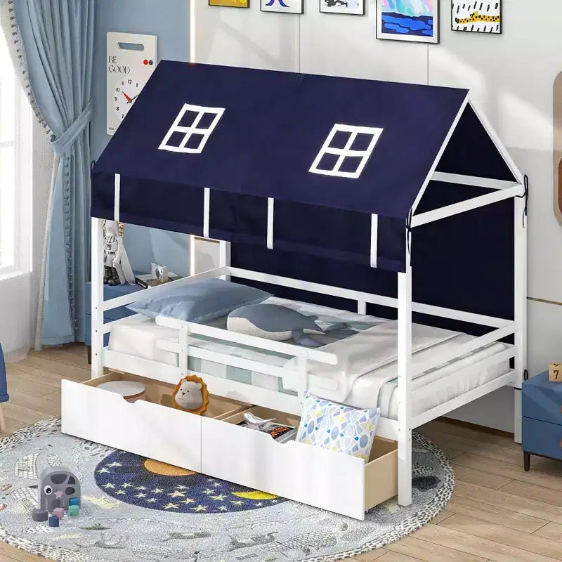 Costway Letto a Casa Singolo in Legno Massello, Letto a Soppalco Basso con Tenda e 2 Cassetti Contenitori