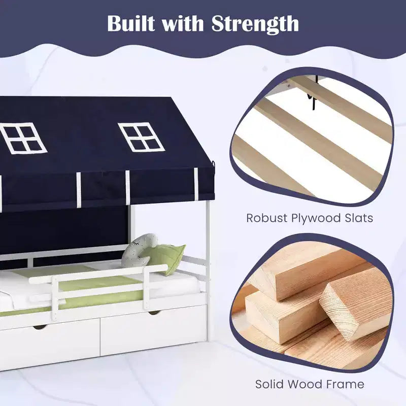 Costway Letto a Casa Singolo in Legno Massello, Letto a Soppalco Basso con Tenda e 2 Cassetti Contenitori
