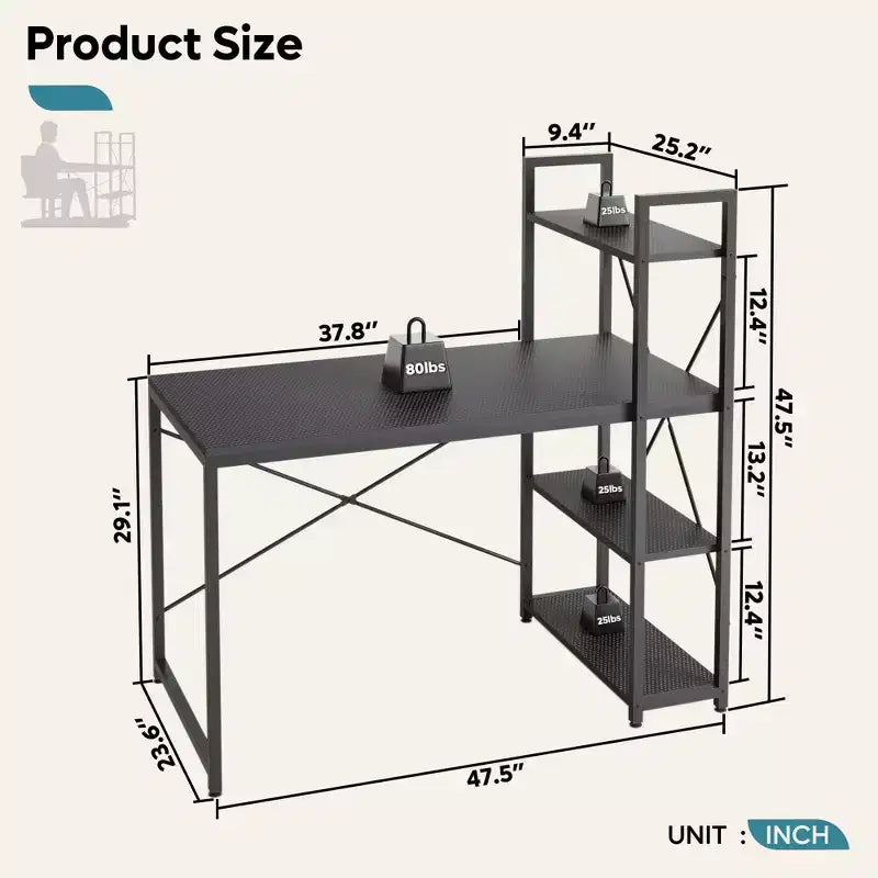 Scrivania per computer Bestier da 119 cm con libreria reversibile, scrivania da scrittura rialzata per ufficio/studio/gioco