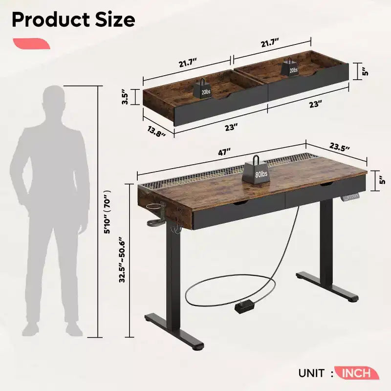 Scrivania elettrica Bestier 47 x 24 pollici con doppio cassetto e luce LED per ufficio domestico, scrivania regolabile in altezza, scrivania per computer