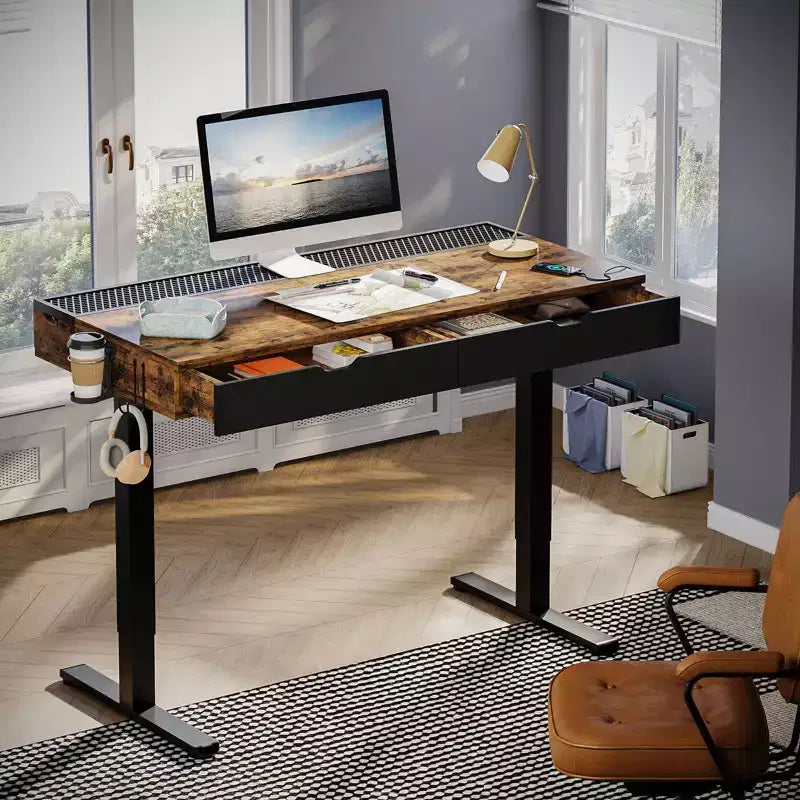 Scrivania elettrica Bestier 47 x 24 pollici con doppio cassetto e luce LED per ufficio domestico, scrivania regolabile in altezza, scrivania per computer